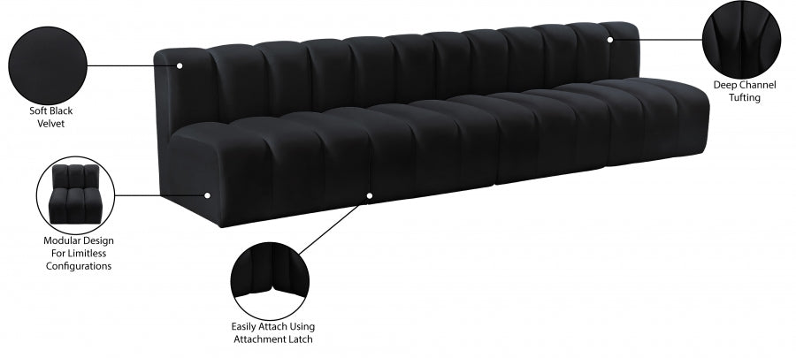 Sectionnel Modulaire 4 Pièces Arc en Velours Noir Courbé